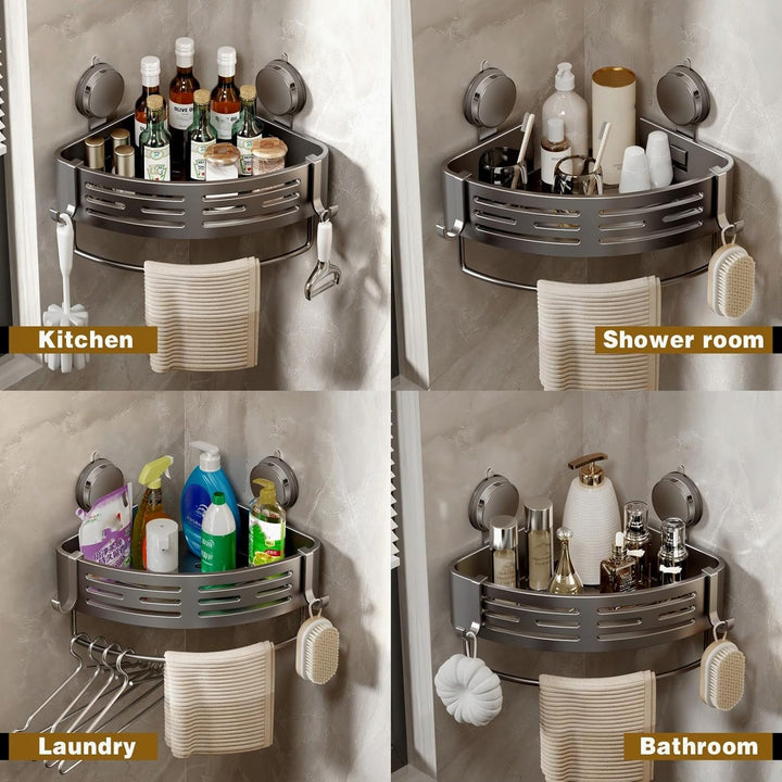 Voldra Duschablage Ohne Bohren, Duschregal Ecke Saugnapf Badezimmer Regal Wand Duschkorb mit Handtuc