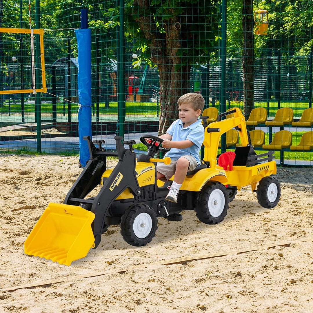 COSTWAY Trettraktor, Kinder Traktor mit Abnehmbarer Anhänger & Grabschaufel, Baggerlader bis 35 kg b