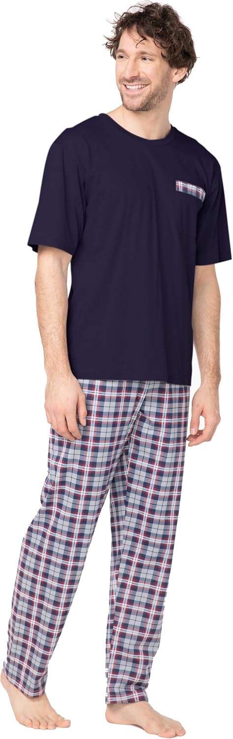 e.VIP® Herren Schlafanzug Chris SL 328A aus 100% Baumwolle S Marine/Weinrot, S Marine/Weinrot
