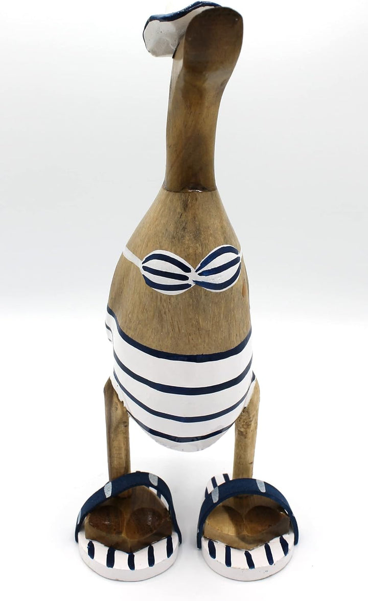 Deko Ente zur Dekoration Laufente aus Holz mit Bikini 27 cm blau Weiss Geringelt
