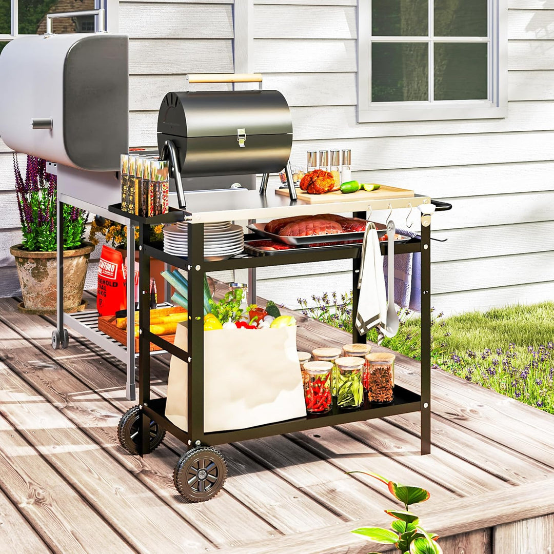 Outsunny Grillwagen 3-Etagen Servierwagen mit Arbeitsfläche Griffe Hülle Räder, höhenverstellbar BBQ