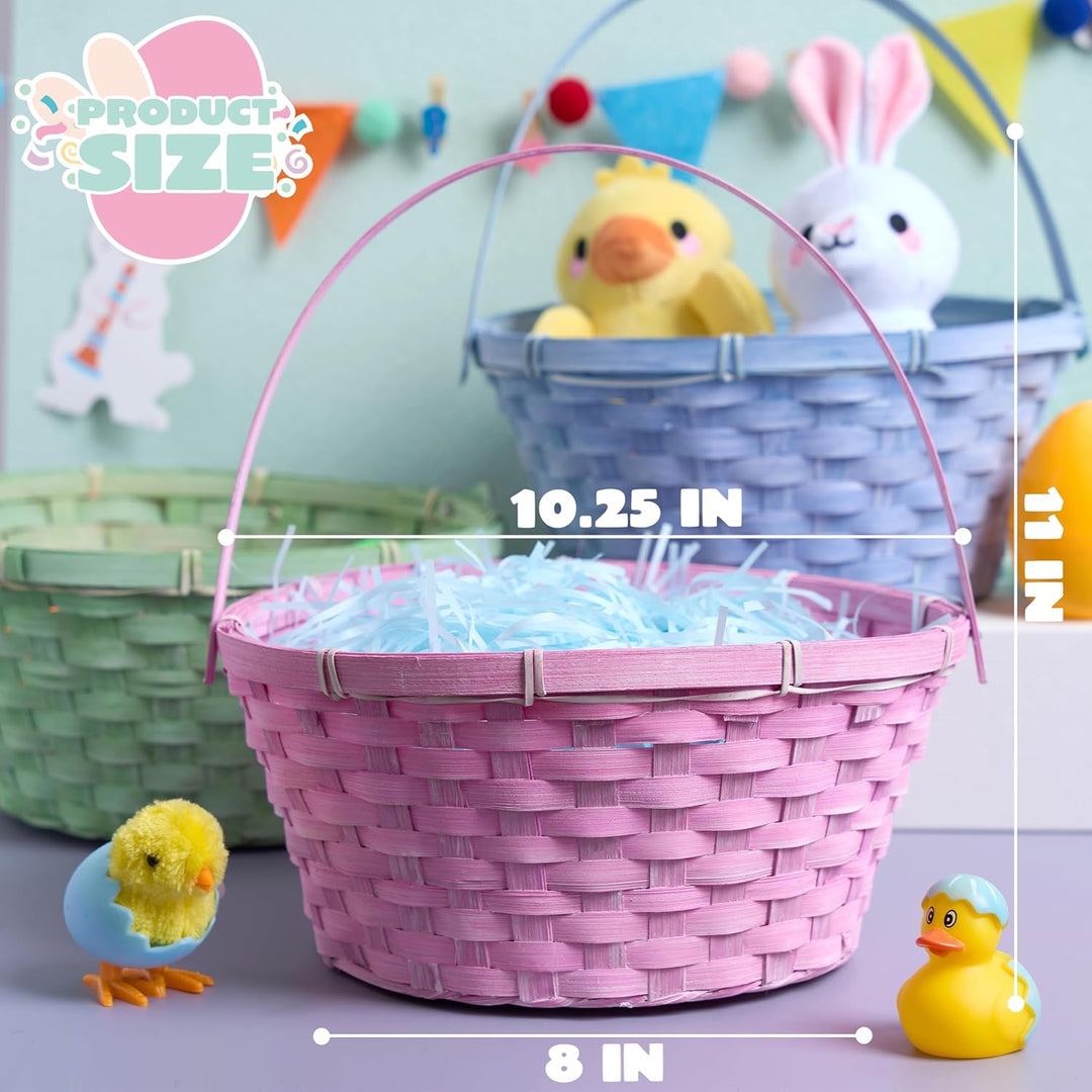 JOYIN 3 Stück Oster-Bambuskörbe, blau, rosa, grün, rund, gewebter Goodie-Korb mit klappbarem Griff,