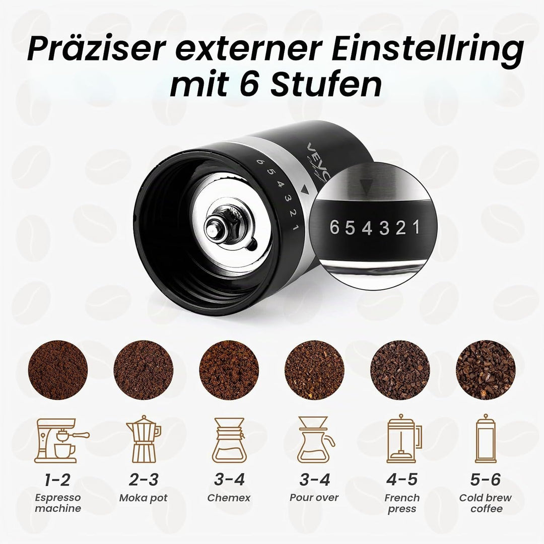 Vevok Chef Manuelle Kaffeemühle mit 6 Externen Einstellbaren Grobheit für Espresso bis French Press,