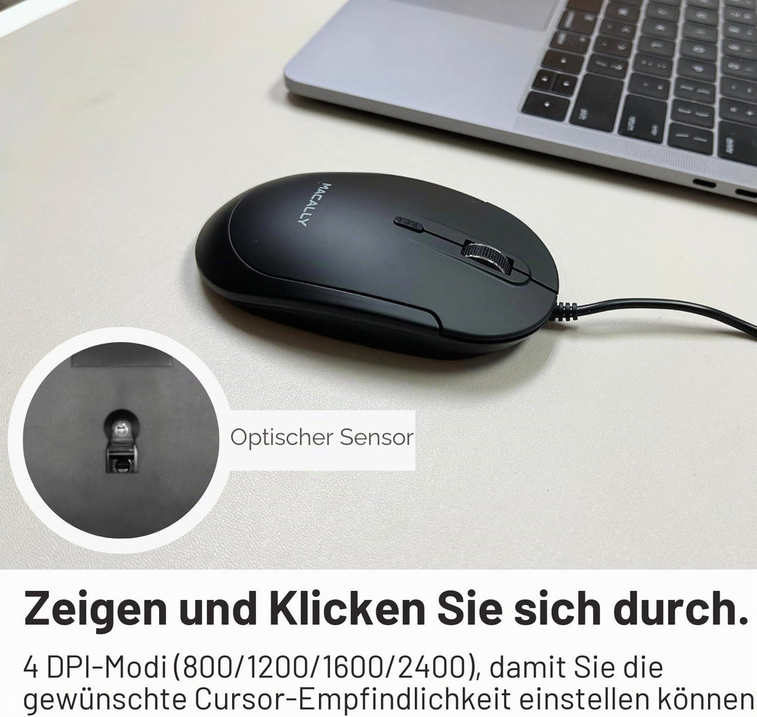 Macally Stille USB-Maus - Schlank & Kompakt für Apple Mac oder Windows PC Laptop/Desktop - Mit Optis