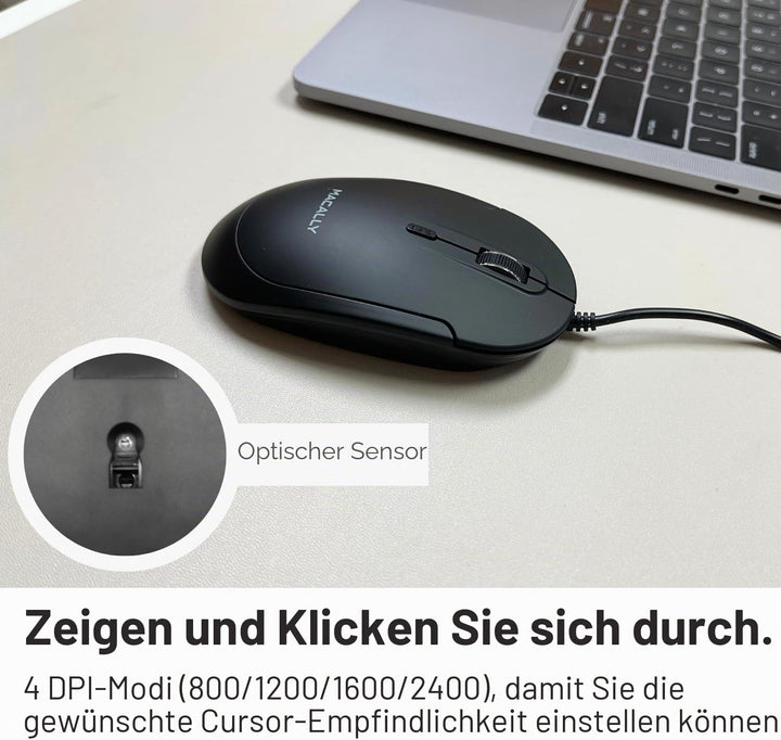 Macally Stille USB-Maus - Schlank & Kompakt für Apple Mac oder Windows PC Laptop/Desktop - Mit Optis