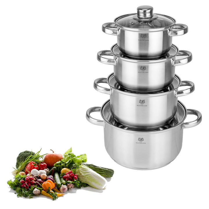 Topfset Induktion 5-teilig, Kochtopf Set mit Glasdeckel, Edelstahl mattiert, Induktions Töpfe Set un