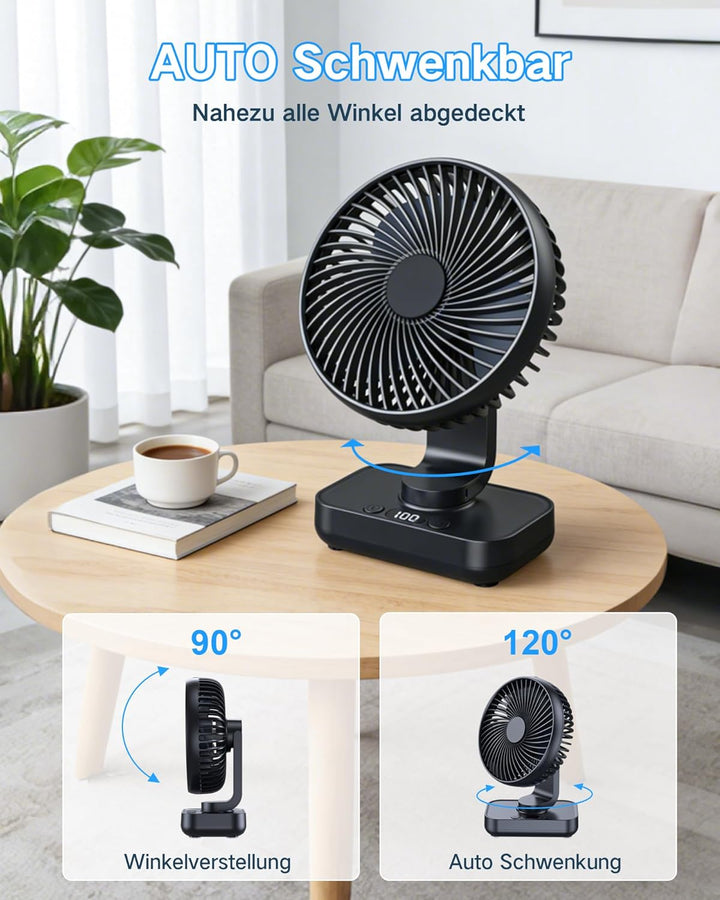 Tischventilator Automatisch Oszillierend, Leise 30 dB, Sanfter Luftstrom, 4500mAh Akku, USB-C, LED D