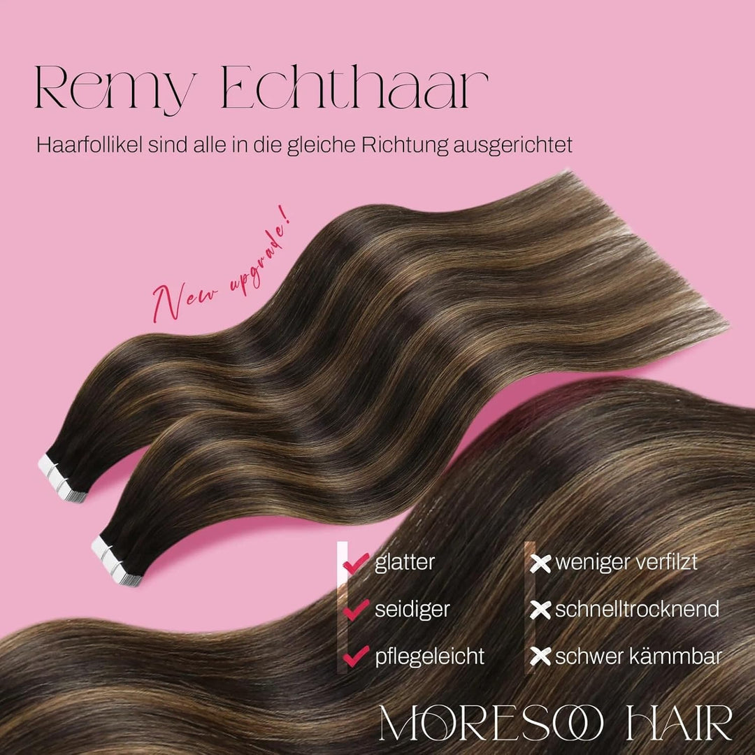 Moresoo Tape in Extensions Echthaar Braun Unsichtbare Tape Extensions Dunkelbraun bis Hellbraun mit
