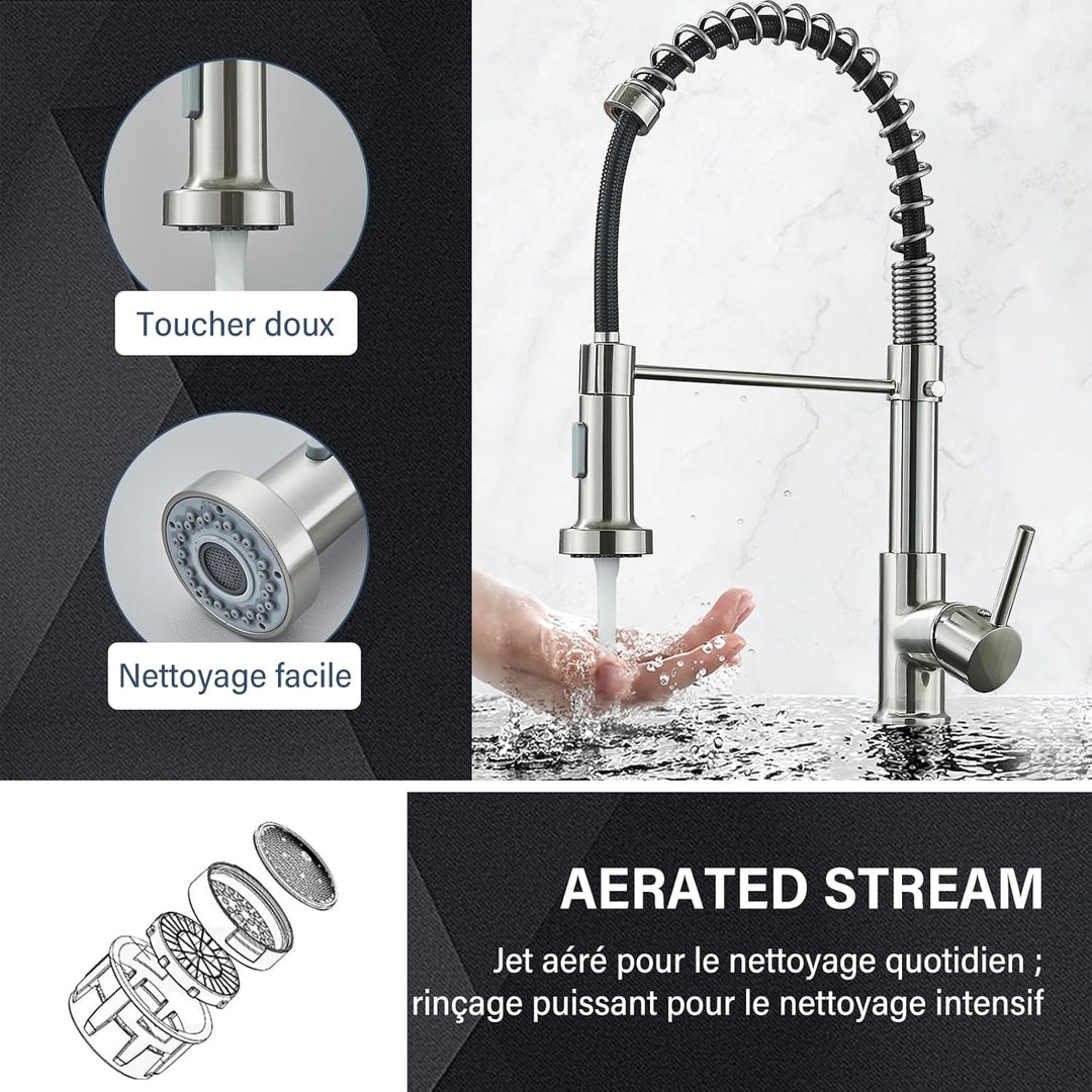 Cesinkin Wasserhahn Küche Gebürstetes Nickel Spültischarmatur mit zwei Wassersprühmodi Armatur Küche