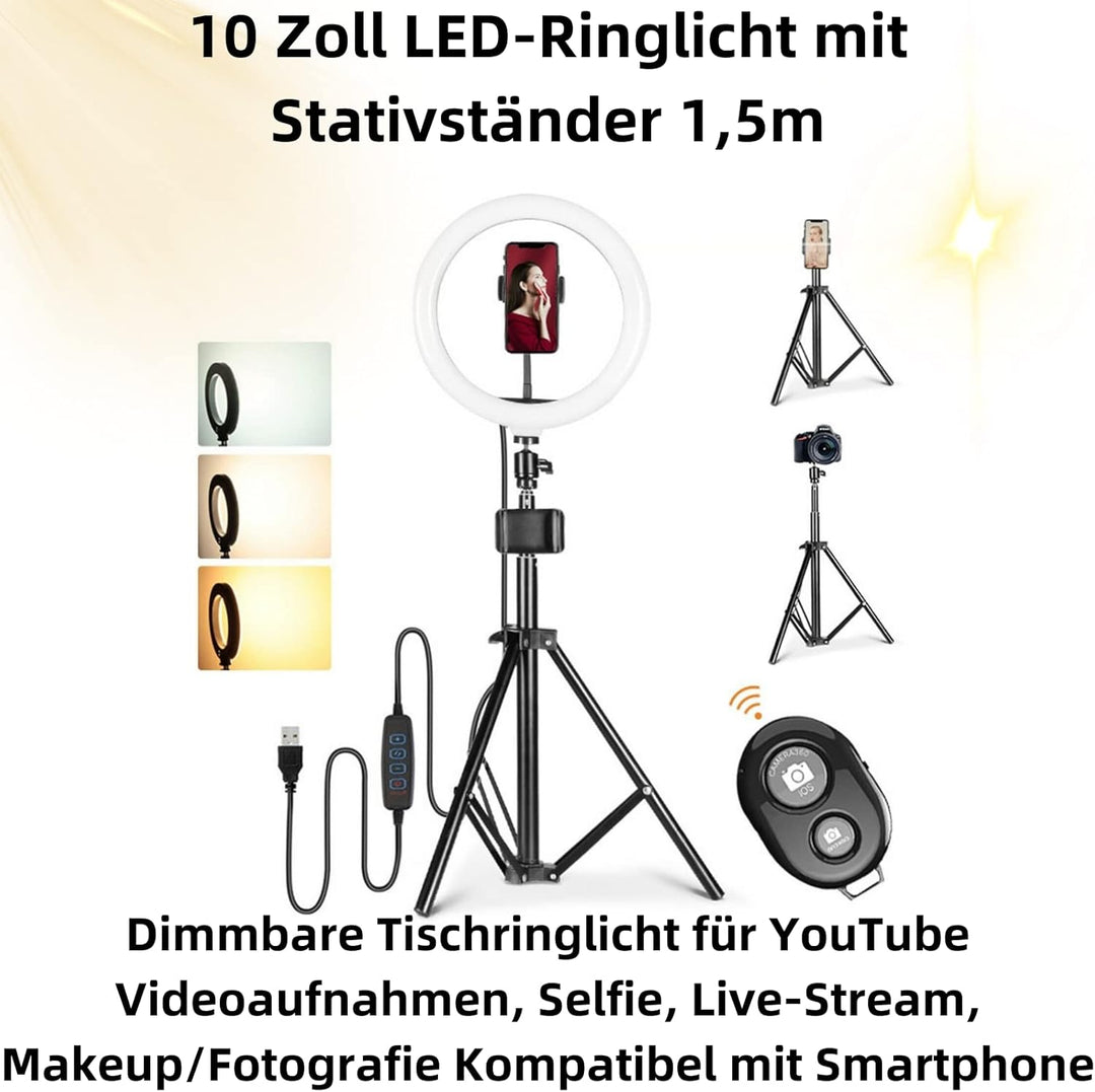 D94DS 10" Ringlicht mit Stativ und Handyhalter, Dimmbares LED Licht mit 3 Farbmodi und 10 Helligkeit