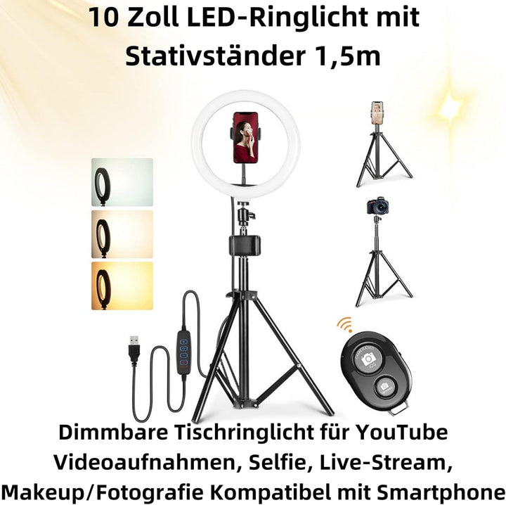 D94DS 10" Ringlicht mit Stativ und Handyhalter, Dimmbares LED Licht mit 3 Farbmodi und 10 Helligkeit