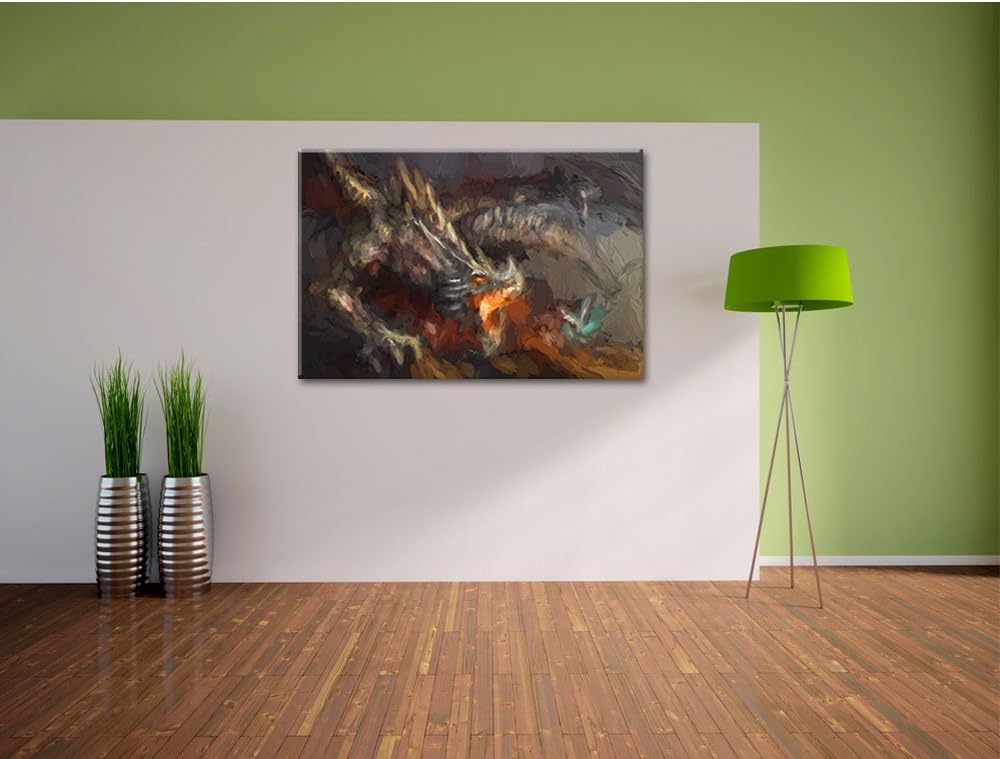 Pixxprint Kampf zwischen Mensch und Drache Pinsel Effekt, Format: 100x70 auf Leinwand, XXL riesige B