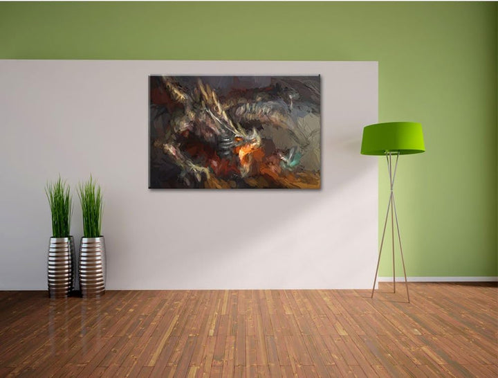 Pixxprint Kampf zwischen Mensch und Drache Pinsel Effekt, Format: 100x70 auf Leinwand, XXL riesige B