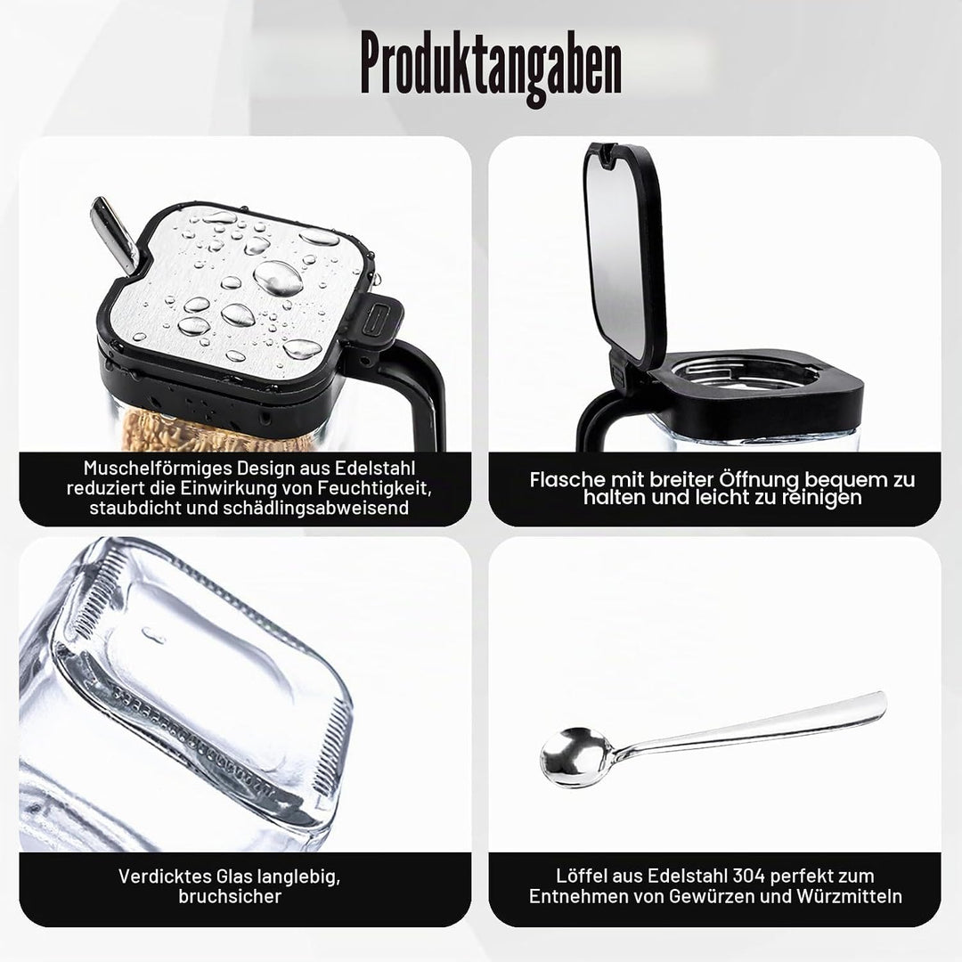 3 Stück gewürzstreuer mit Edelstahl Löffel, Glas Quadratische Gewürzbehälter mit Deckel und Basis, k