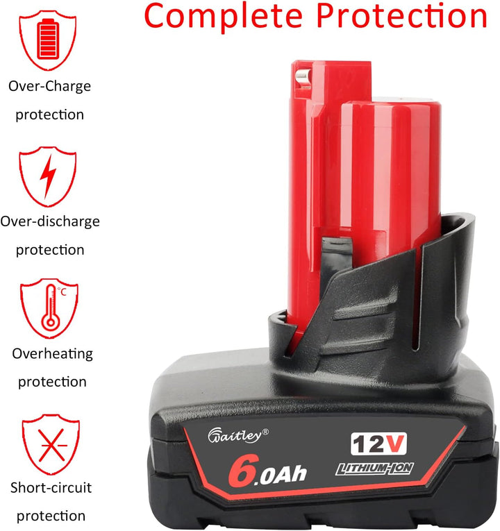 2X Waitley M12 12V 6Ah Ersatzakku für Milwaukee M12 Li-ion Akku 48-11-2411 48-11-2440 48-11-2402 Wer