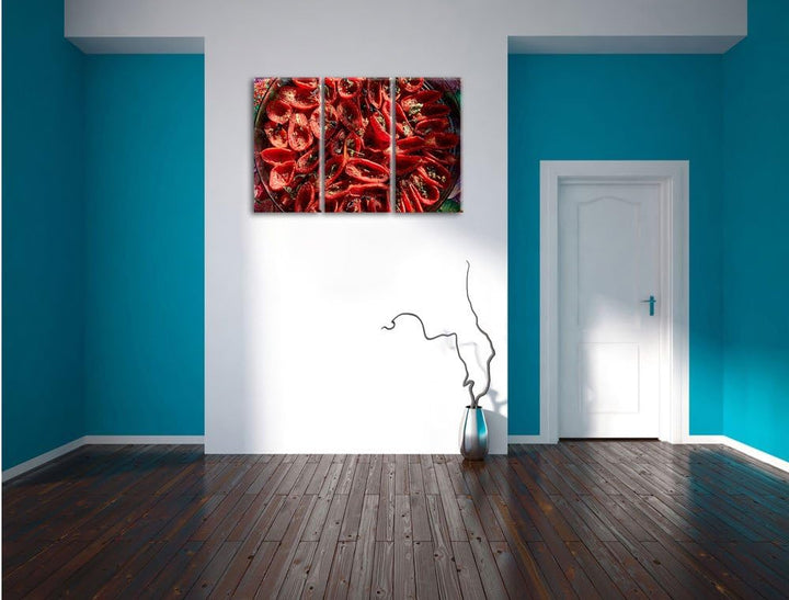 Pixxprint Tomaten Olivenöl Kräuter / 3-Teilig/Gesamtmass 120cm Leinwandbild bespannt auf Holzrahmen/