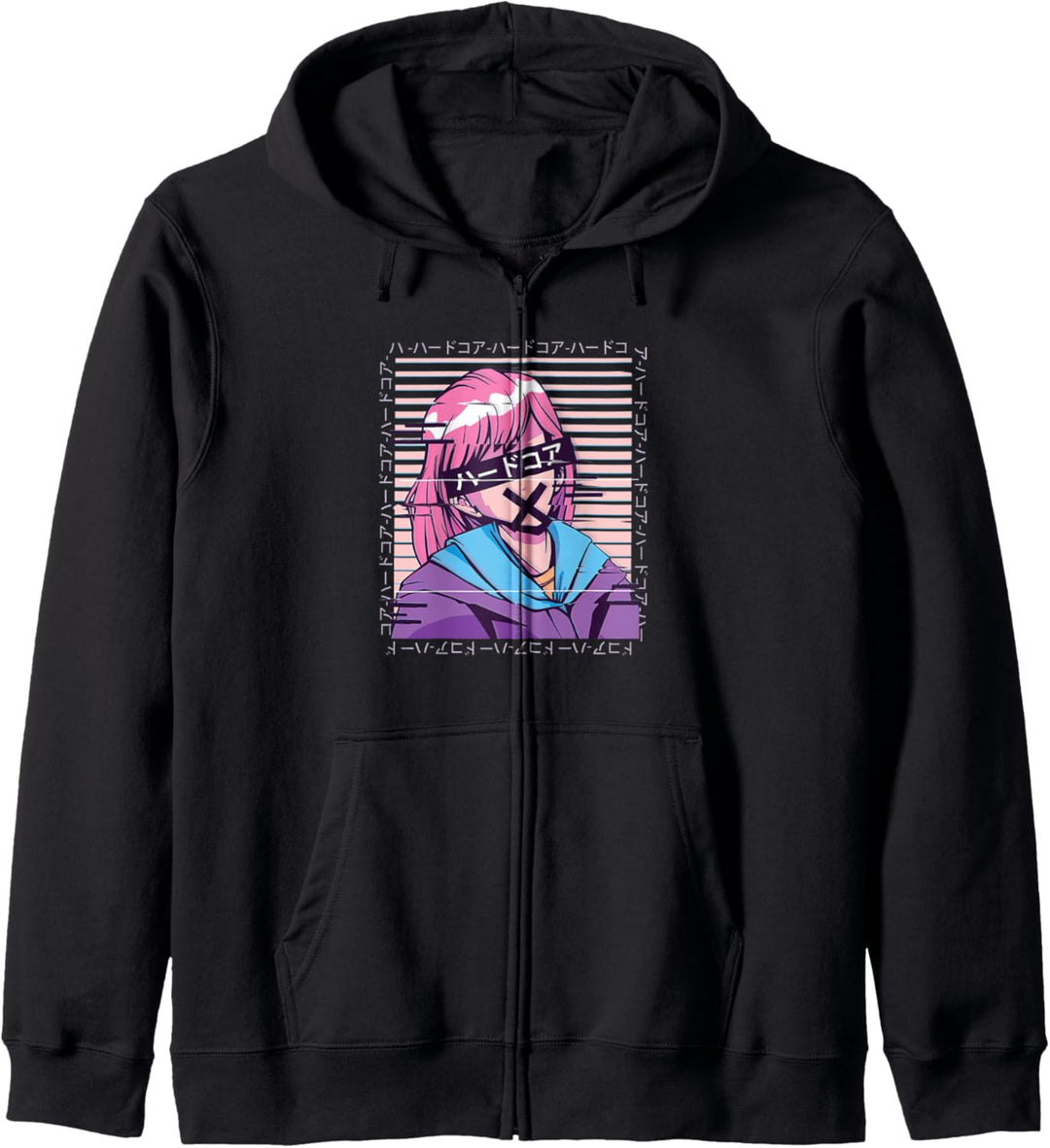 Anime Glitch Grafik mit Japanischen Zeichen l Anime Mädchen Kapuzenjacke