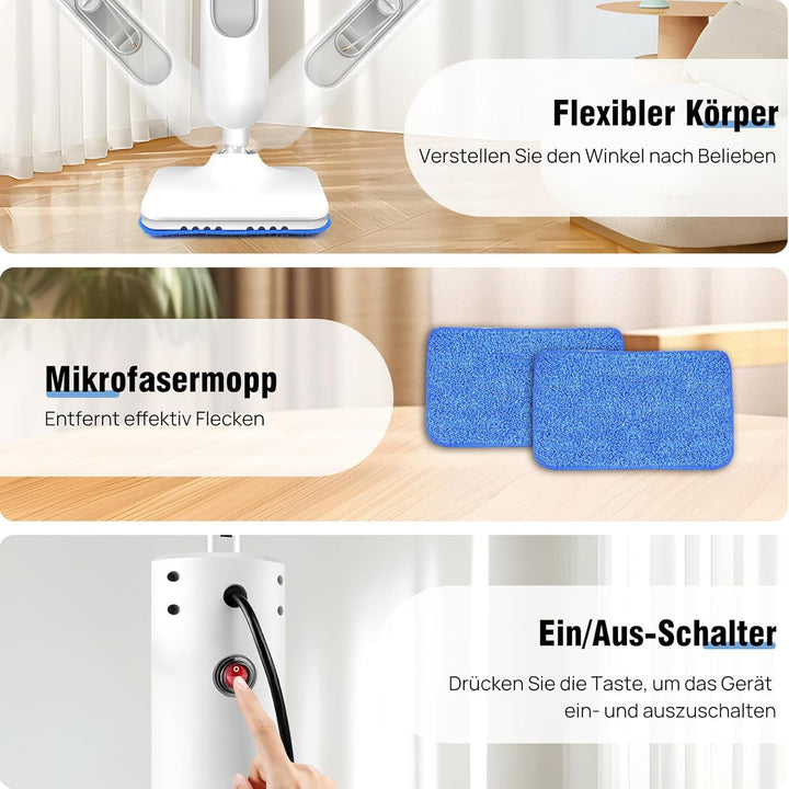 Dampfreiniger 1500W Dampfbesen Reiniger Dampf Mop Boden&Hand-dampfreiniger entfernt bis zu 99,9% der