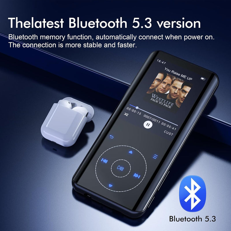 64GB MP3 Player Bluetooth 5.3, HiFi Musik Lossless Sound, Metallgehäuse Built-in HD Speaker，Touch-Ta