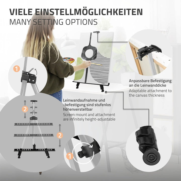 ECD Germany Staffelei, Atelierstaffelei aus Aluminium, Silber, Höhenverstellbar von 50-156 cm, Stabi
