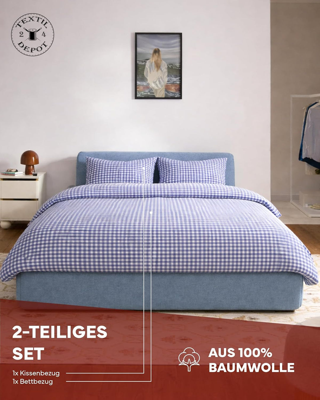 texpot Bettwäsche Garnitur 135 x 200 cm + 80 x 80 cm Landhaus 5 mm Karo blau kariert Bauern Kissenbe
