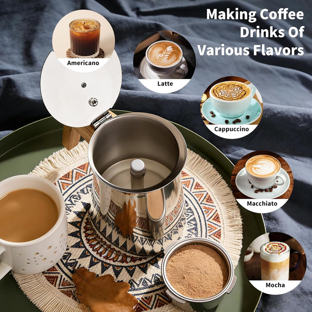Romon Espressokocher Edelstahl, 6 Tassen 300ml Silber, Mokkakanne Mit Holzgriff, Geeignet Für Glaske