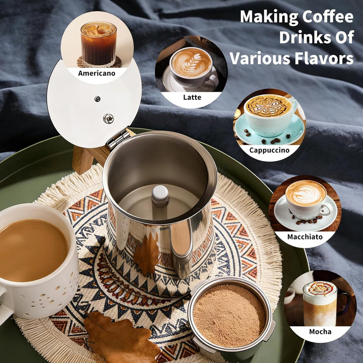 Romon Espressokocher Edelstahl, 6 Tassen 300ml Silber, Mokkakanne Mit Holzgriff, Geeignet Für Glaske