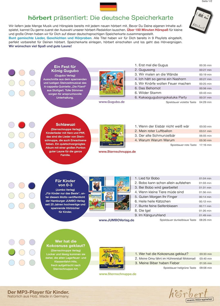 hörbert 3.0 für Kinder + deutsche Inhalte. Mit 9 Playlists, SD-Card, Mikrofon und USB-C Ladeanschlus