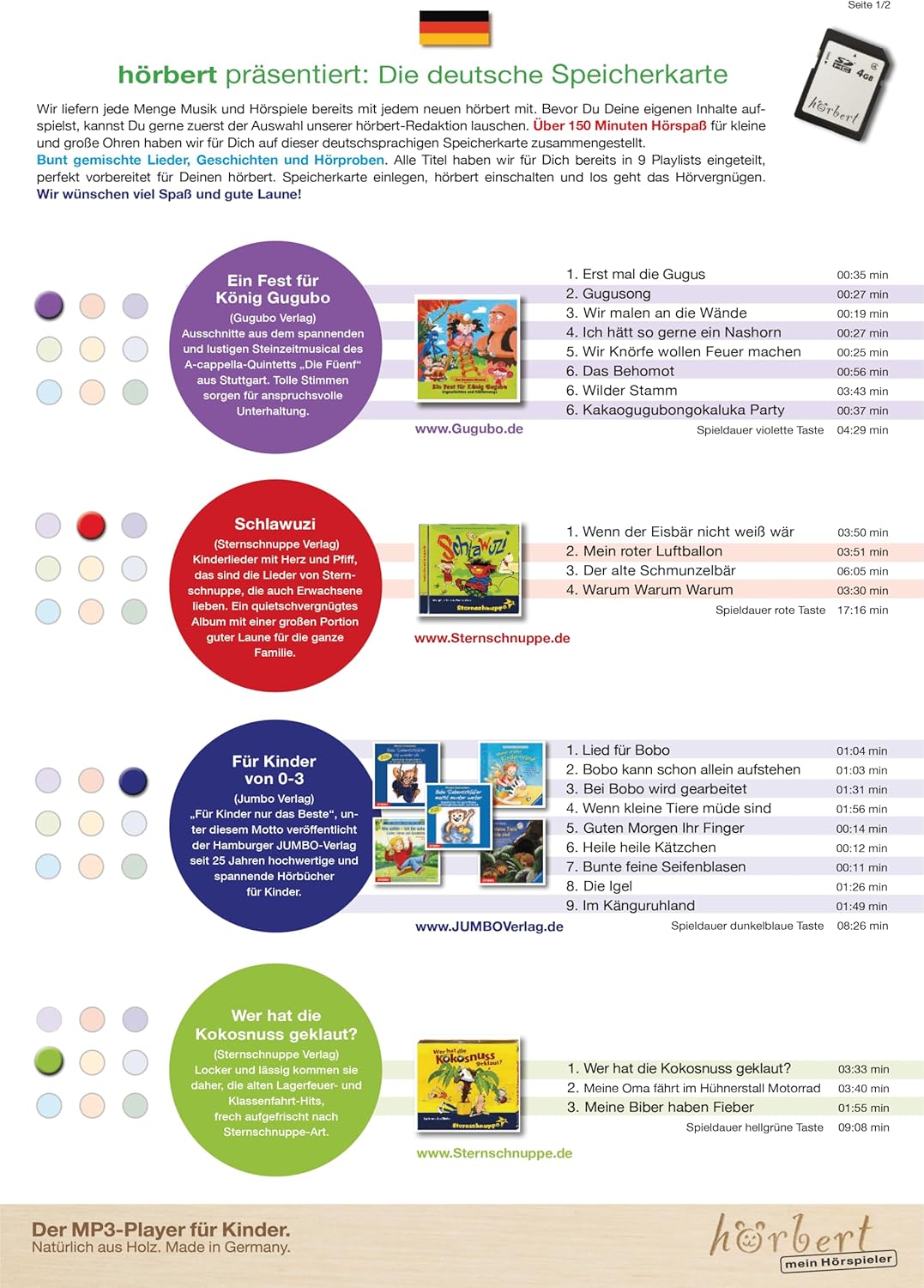 hörbert 3.0 für Kinder + deutsche Inhalte. Mit 3 Playlists, SD-Card, Mikrofon, USB-C Ladeanschluss,