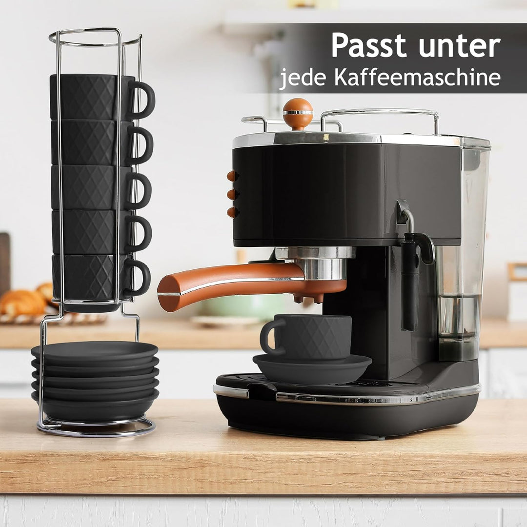 MIAMIO – 6 x 75 ml Espresso Tassen/Espressotassen Set mit Ständer Steingut Keramik - Palmanova Kolle
