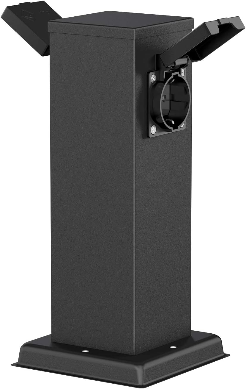 ledscom.de Garten-Steckdosen-Säule Polly mit Erdspiess für aussen, 2-Fach, Edelstahl, eckig, schwarz