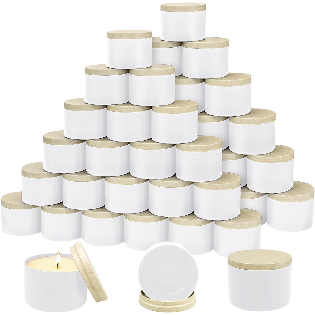 48 Stück Weisse Kerzendosen, 120 ml Leere Kerzengläser mit Holzmaserungs-Deckeln, Bulk-Leerbehälter