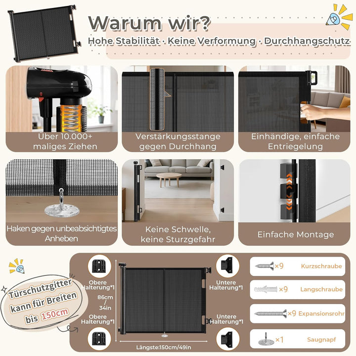Ycozy Treppenschutzgitter Türschutzgitter Ausziehbar mit Stützstangen Treppenschutzrollo Türgitter B
