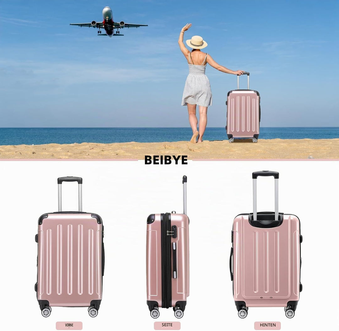 BEIBYE Hartschalen Koffer Trolley Rollkoffer Reisekoffer 4 Zwillingsrollen Polycabonat (Rosa Gold, K