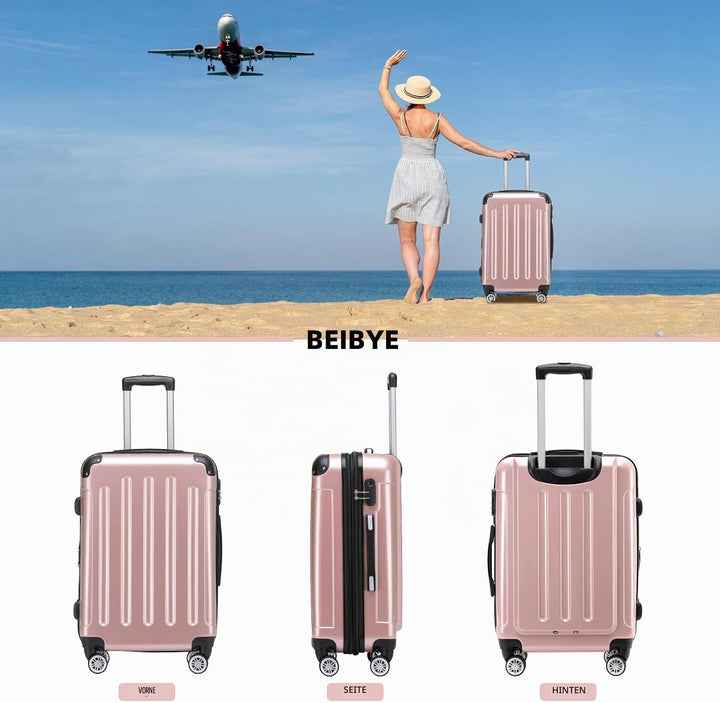 BEIBYE Hartschalen Koffer Trolley Rollkoffer Reisekoffer 4 Zwillingsrollen Polycabonat (Rosa Gold, K