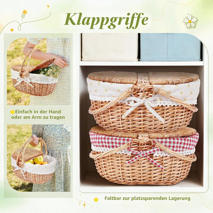 Picknickkorb, Picknickkorb mit Doppelt zu öffnendem Deckel und Klappbarem Griff, Handgewebter Korb m