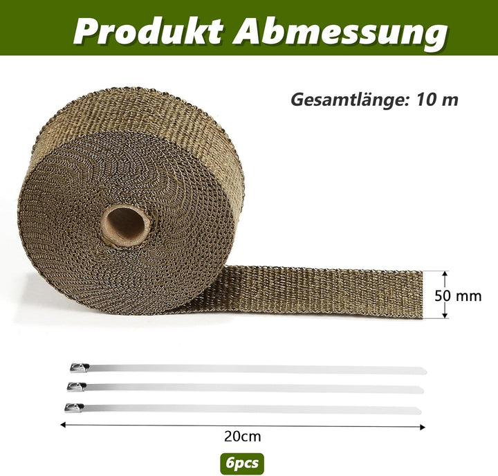 LIHAO Hitzeschutzband Basaltfaser Auspuffband 10M mit Kabelbinder für Fächerkrümmer Thermoband Krümm