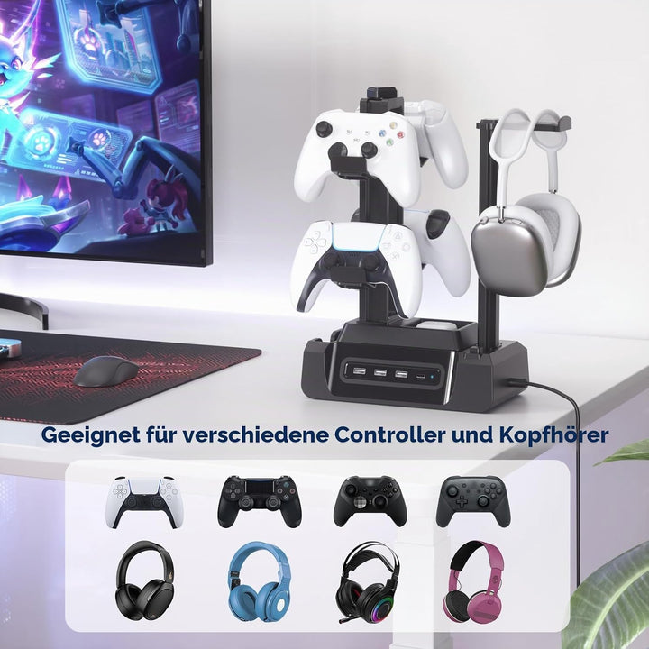 KDD USB Ladestation für Mehrere Geräte mit 4 Port, Handy Ladestation mit Headset und Controller Halt