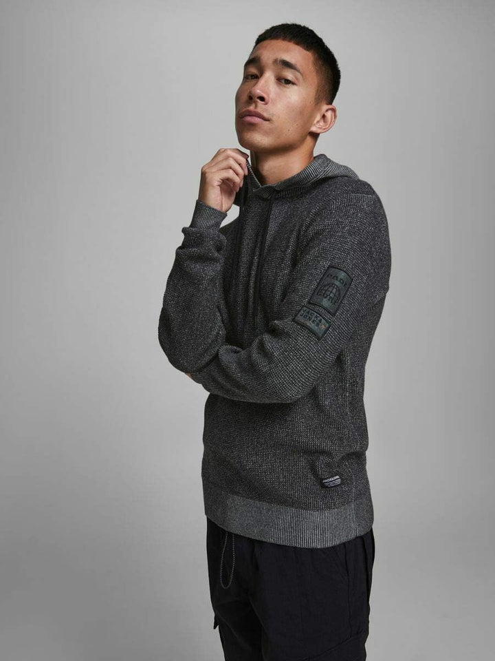 JACK & JONES Herren Jcobadge Knit Hood Sts Kapuzenpullover, Black, S EU