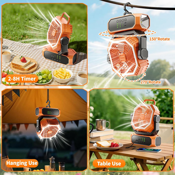 Tragbarer Campingventilator mit Licht, Camping Ventilator mit Fernbedienung, Timer, 3 Geschwindigkei