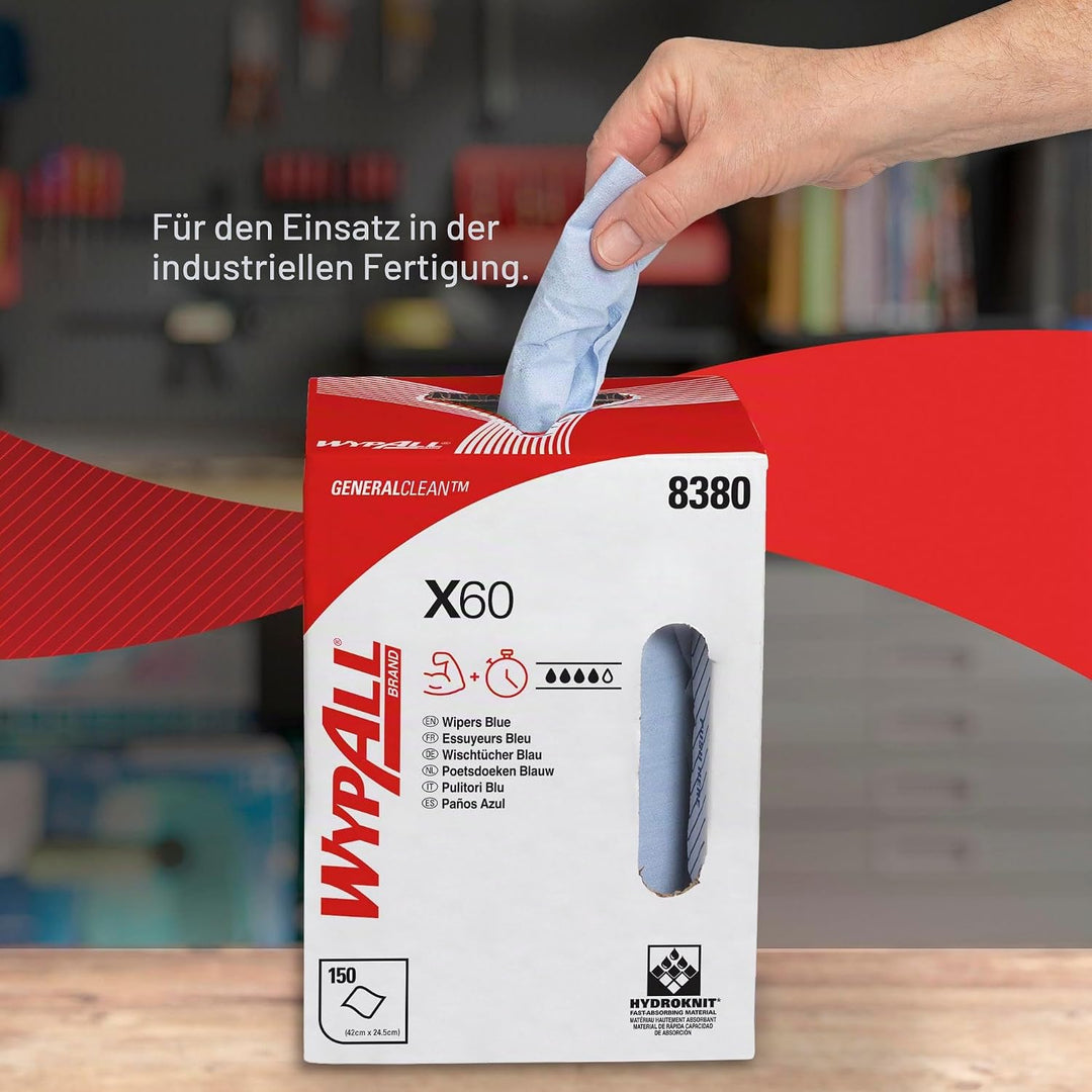 WypAll X60 Reinigungstücher 8380 – Putzrolle mit Zentralentnahme, blau - 1 blaue Putzrolle mit Zentr