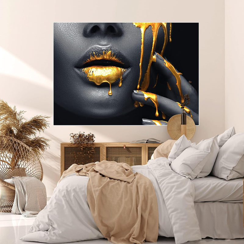 wandmotiv24 Poster als Wanddeko, Grösse Din A0, Frauen Lippen mit Goldener Farbe, Beauty, Frau, Make