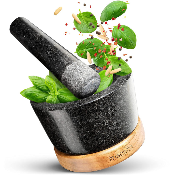 madeco Mörser mit Stössel Granit auf Holzsockel Eiche Ø 14,5 cm - Perfekt geeignet für Gewürze, Kräu