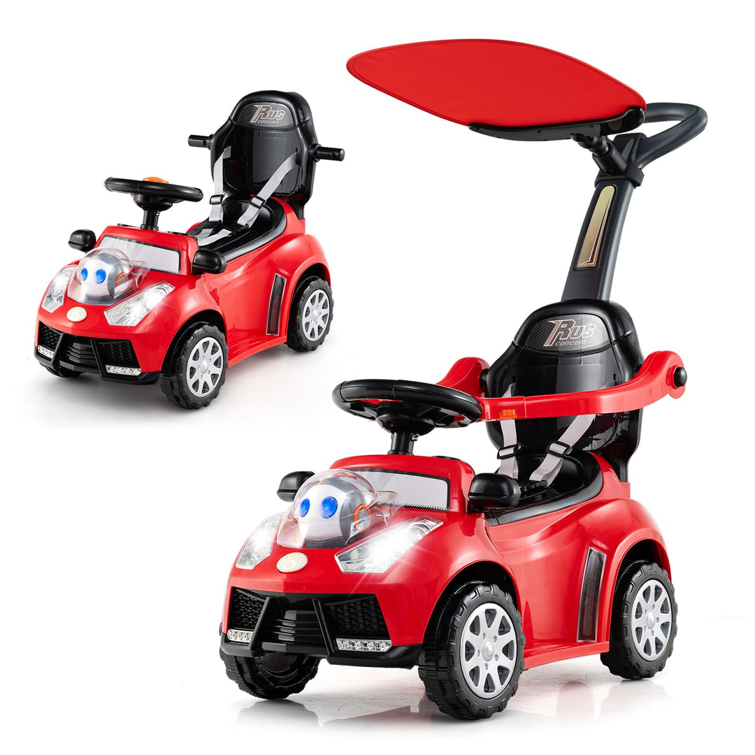 COSTWAY 3-in-1 Rutschauto mit Schiebestange, Rutschfahrzeug mit Hupe, Musik, Licht & Sicherheitsgurt