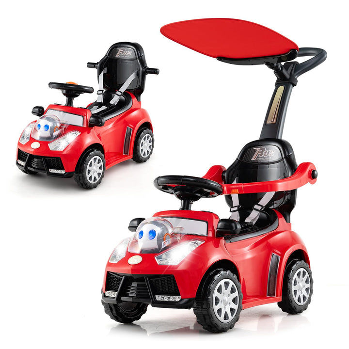 COSTWAY 3-in-1 Rutschauto mit Schiebestange, Rutschfahrzeug mit Hupe, Musik, Licht & Sicherheitsgurt