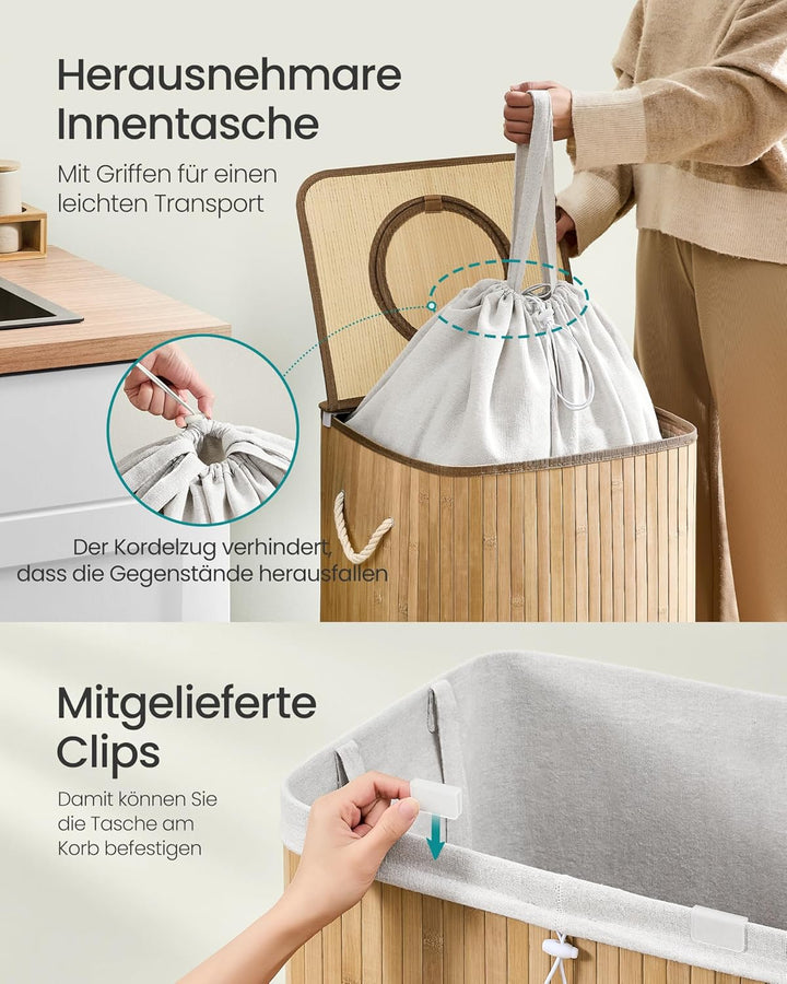 SONGMICS Pfandflaschen-Sammelbehälter, 95 L Pfandflaschen-Behälter, Bambus, Flaschensammler Leergut,