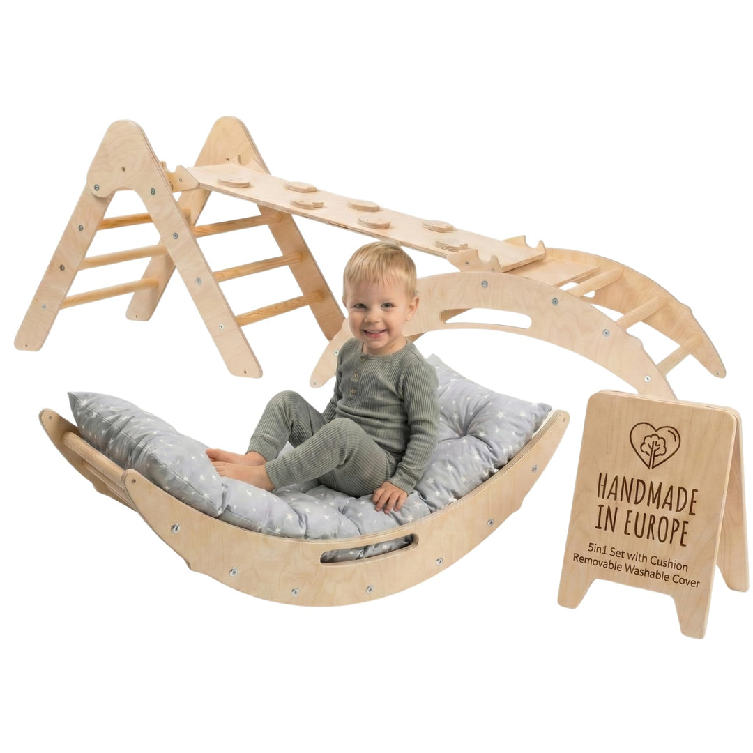WoodsCraft - Handmade 5in1 Montessori Kletterset: Kletterdreieck, Kletterbogen mit Kissen & 2in1: Ru