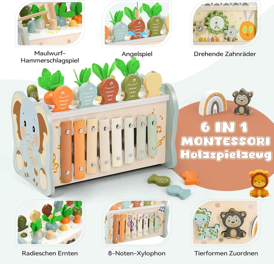 Montessori Spielzeug ab 1 Jahr, 6 in 1 Holzspielzeug ab 1 Jahr, Motorikspielzeug mit Hammerspiel Ang