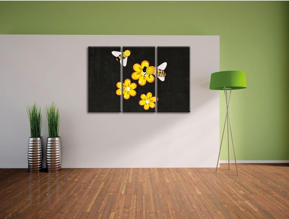 Pixxprint hübsche Bienen mit Blumen als Leinwandbild/Grösse: 3 Teilig (120x80) cm/Wandbild/Kunstdruc