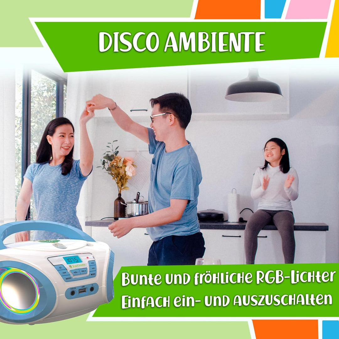 Tinygeeks Tunes Kids CD Player für Kinder - NEU 2024 - UKW-Radio - Inklusive Batterien - Blau - Boom